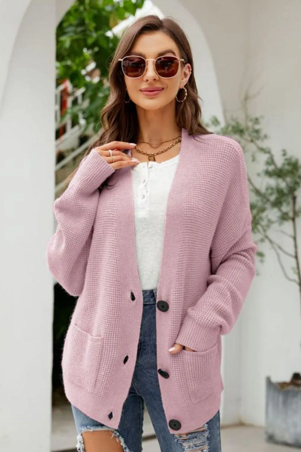 Waffle-Knit Dropped Shoulder Cardigan