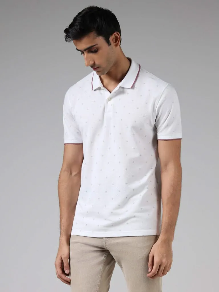 WES Casuals White Printed Cotton Blend Slim-Fit Polo T-Shirt