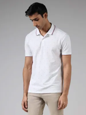 WES Casuals White Printed Cotton Blend Slim-Fit Polo T-Shirt