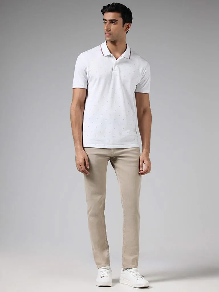 WES Casuals White Printed Cotton Blend Slim-Fit Polo T-Shirt