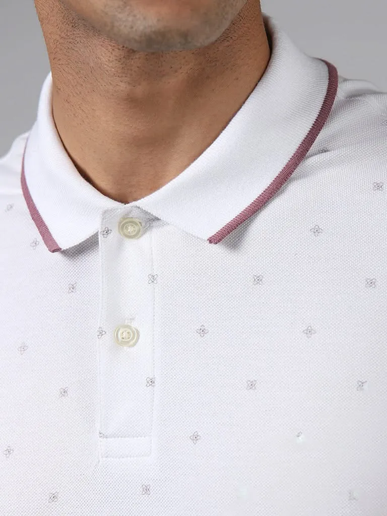 WES Casuals White Printed Cotton Blend Slim-Fit Polo T-Shirt