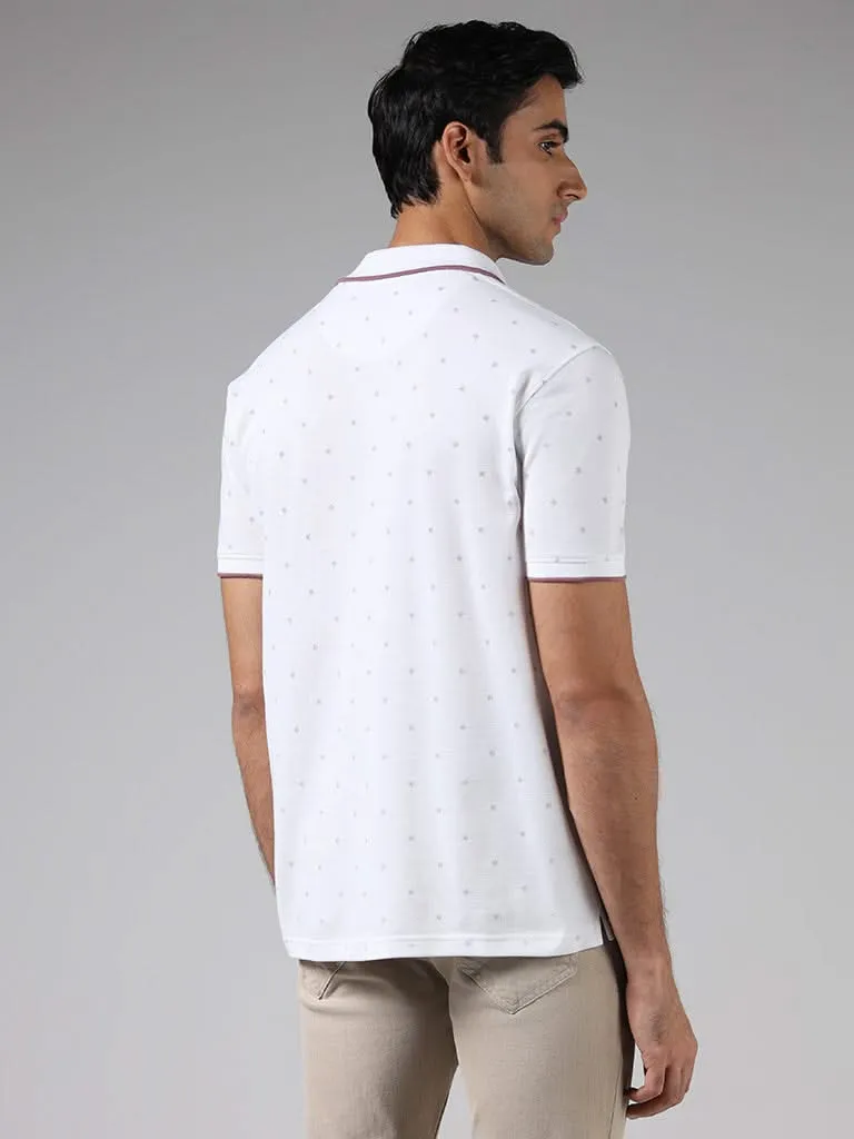 WES Casuals White Printed Cotton Blend Slim-Fit Polo T-Shirt