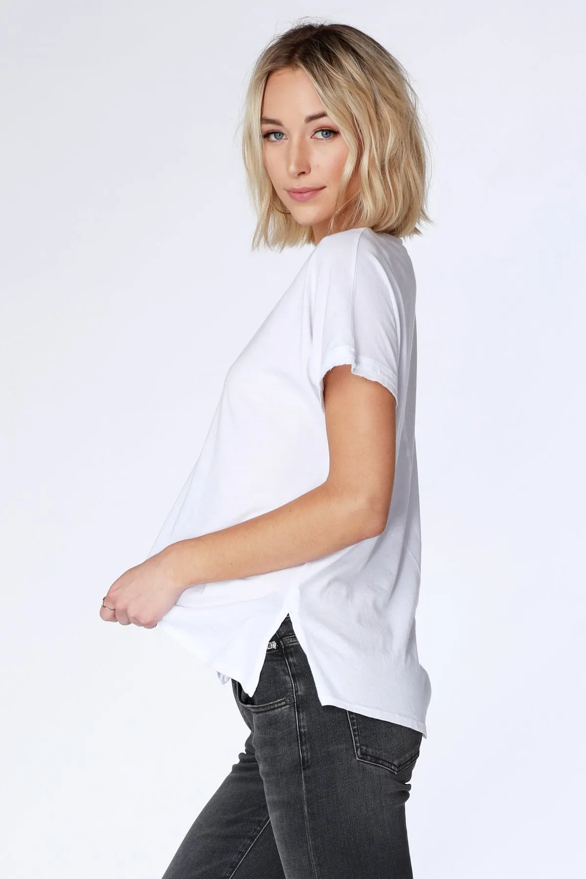 White Short Sleeve Dolman Sleeve V-Neck Tee