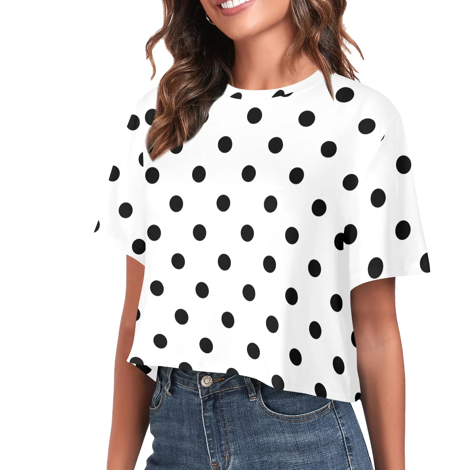 White With Black Polka Dots Women's Cropped T-shirt