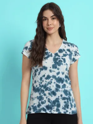 Women Blue Tie and Dyed V-Neck T-shirt